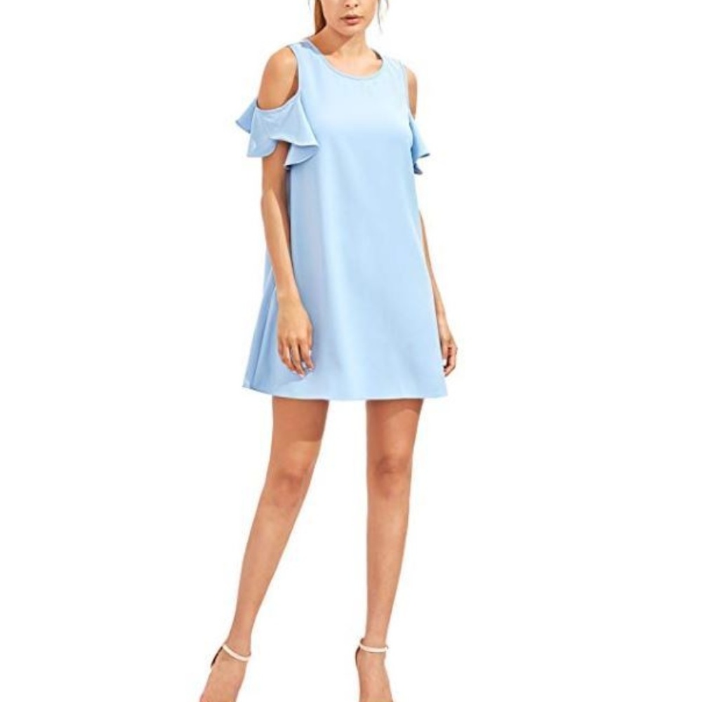 Sky Blue Shoulder Ruffle Sleeve Shift Dress